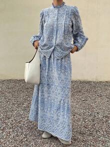 DAZY 女士优雅花卉刺绣荷叶边领衬衫和半裙两件套，春夏款 - 藍色 - 查看 6