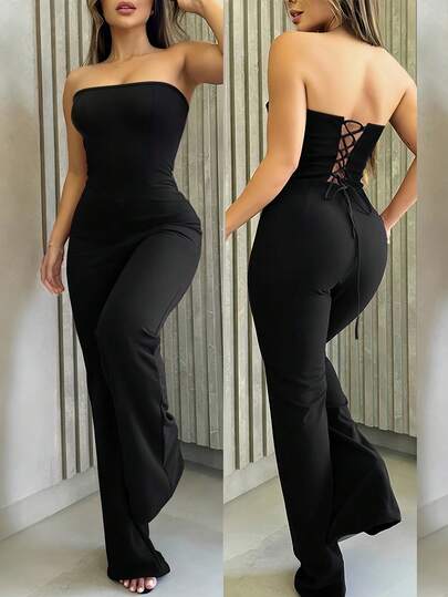 INAWLY Plus Size Women Sexy Backless Bandage Jumpsuit