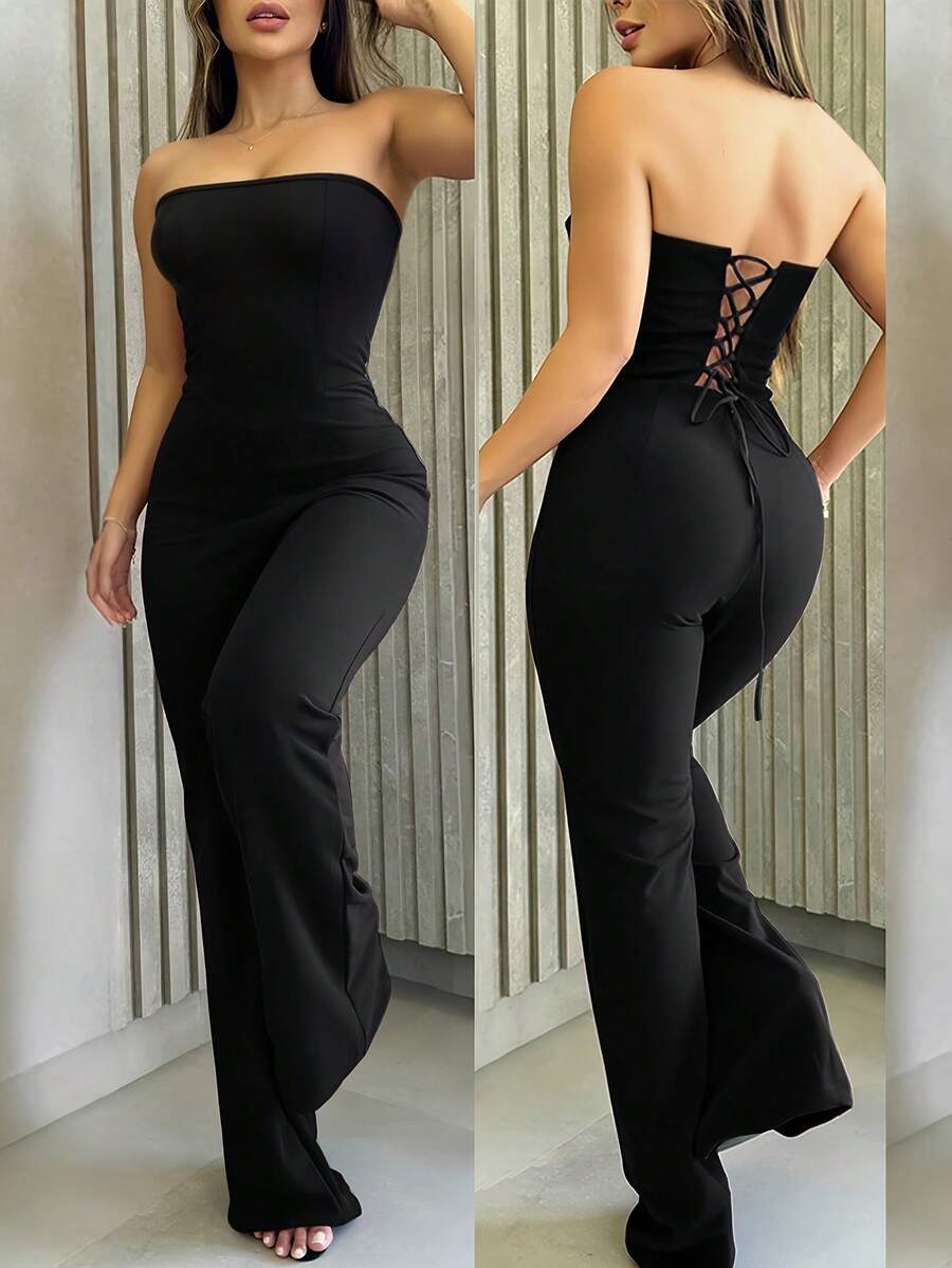 EMERY ROSE Plus Size Women Sexy Backless Bandage Jumpsuit - Black - View 1