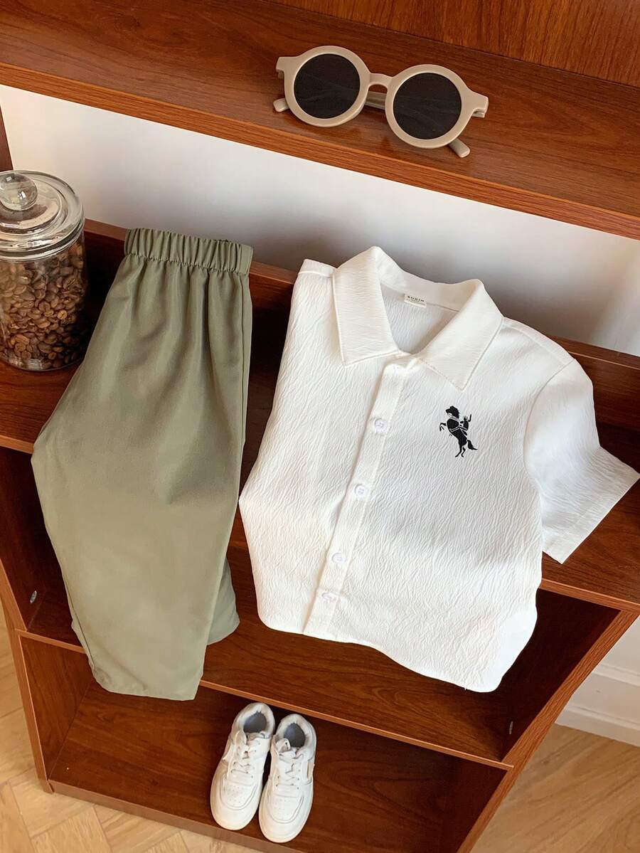 SHEIN 男童两件套：白色纹理面料衬衫和裤子，休闲假日装