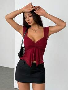 SHEIN PETITE Áo hai dây không tay dáng ôm, phối lưới, thắt dây sau lưng, kiểu dáng bồng bềnh, thích hợp cho nữ, kiểu dáng thường ngày đi nghỉ mát. - Màu Đỏ Sâu - Xem 9