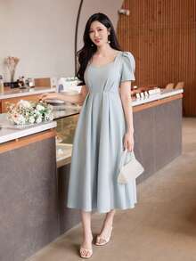 DAZY 女士优雅纯色泡泡袖系腰中长连衣裙，夏季婚礼宾客礼服 - 藍色 - 查看 6
