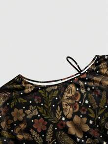 ROMWE Fairycore Áo sweatshirt nữ cỡ lớn họa tiết hoa lá, phong cách hippie gợi cảm, dây đeo vai bất đối xứng, thích hợp cho mùa Thu/Đông. - màu đen - Xem 4