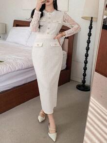 DAZY 女士撞色蕾丝长袖纽扣设计修身优雅中长连衣裙