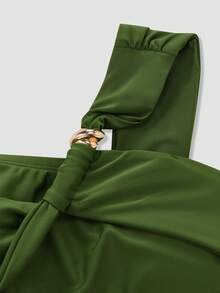 Sweetra 大码女式纯色不对称领口褶皱上衣和高腰褶皱三角泳裤绿色比基尼两件套泳衣 - 綠色 - 查看 4