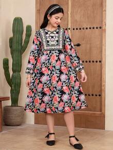 SHEIN جلابياتjalabiya Tween Girl Long Sleeve Dress With Mesh Overlay Jacket Girls Long Sleeve Prairie Maxi Dress Modest Dress For Girls - Black - View 7