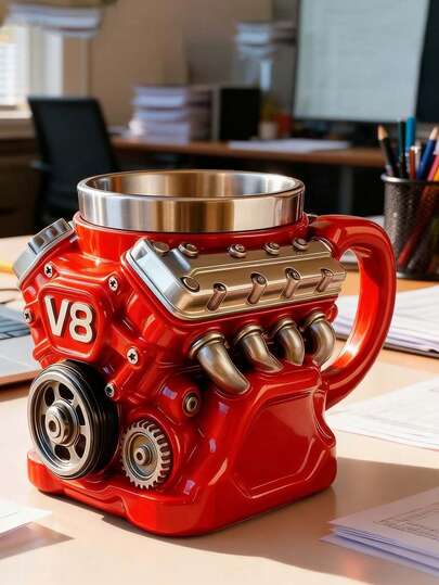 1 Taza de agua roja con diseño de motor retro, taza de gran capacidad de acero inoxidable, decoración de resina en relieve creativa, juego de bebida para hombres, taza de bebida de verano, taza de café, taza decorativa. Regalo para hombres, regalo para el Día del Padre.