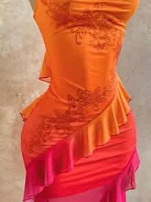 Soleia Đầm nữ in họa tiết hoa cổ điển nhiều màu sắc, cổ xếp ly, gấu đầm bồng bềnh, kiểu dáng đi nghỉ mát. - Màu Cam cháy - Xem 4