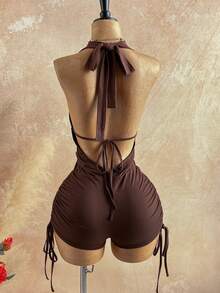 Soleia 女士复古渐变印花网纱金属装饰层叠荷叶边深V领连体裤，性感显瘦时尚，适合派对、约会、情人节、狂欢节、复活节、西部牛仔风、邮轮旅行、假日、海滩、音乐节、波西米亚风度假等场合，四季皆宜。 - 棕色 - 查看 2