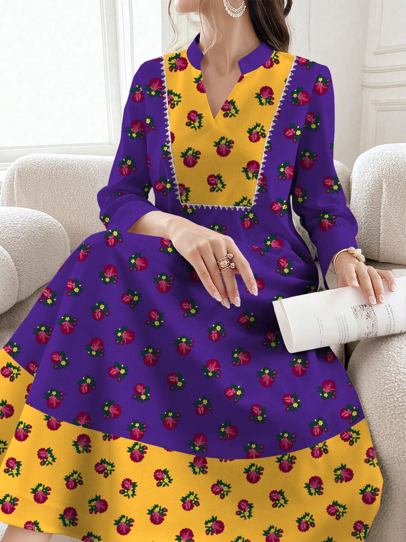 فستان ماكسي نسائي بطبعات زهور ملونة – قصة A بياقة...