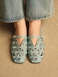 Rosivie 优雅镂空平底女鞋，时尚舒适，法式方头设计，尽显优雅气质 - 綠色 - 查看 2