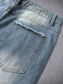 Manfinity ZONE917 Quần jeans ống rộng nam kiểu American Vintage màu xanh nhạt bạc màu, in họa tiết kỹ thuật số, rách rưới. - Màu xanh lam - Xem 3