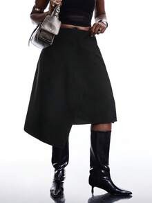 SHEIN EZwear 大码黑色不对称下摆半身裙 - 黑色 - 查看 1