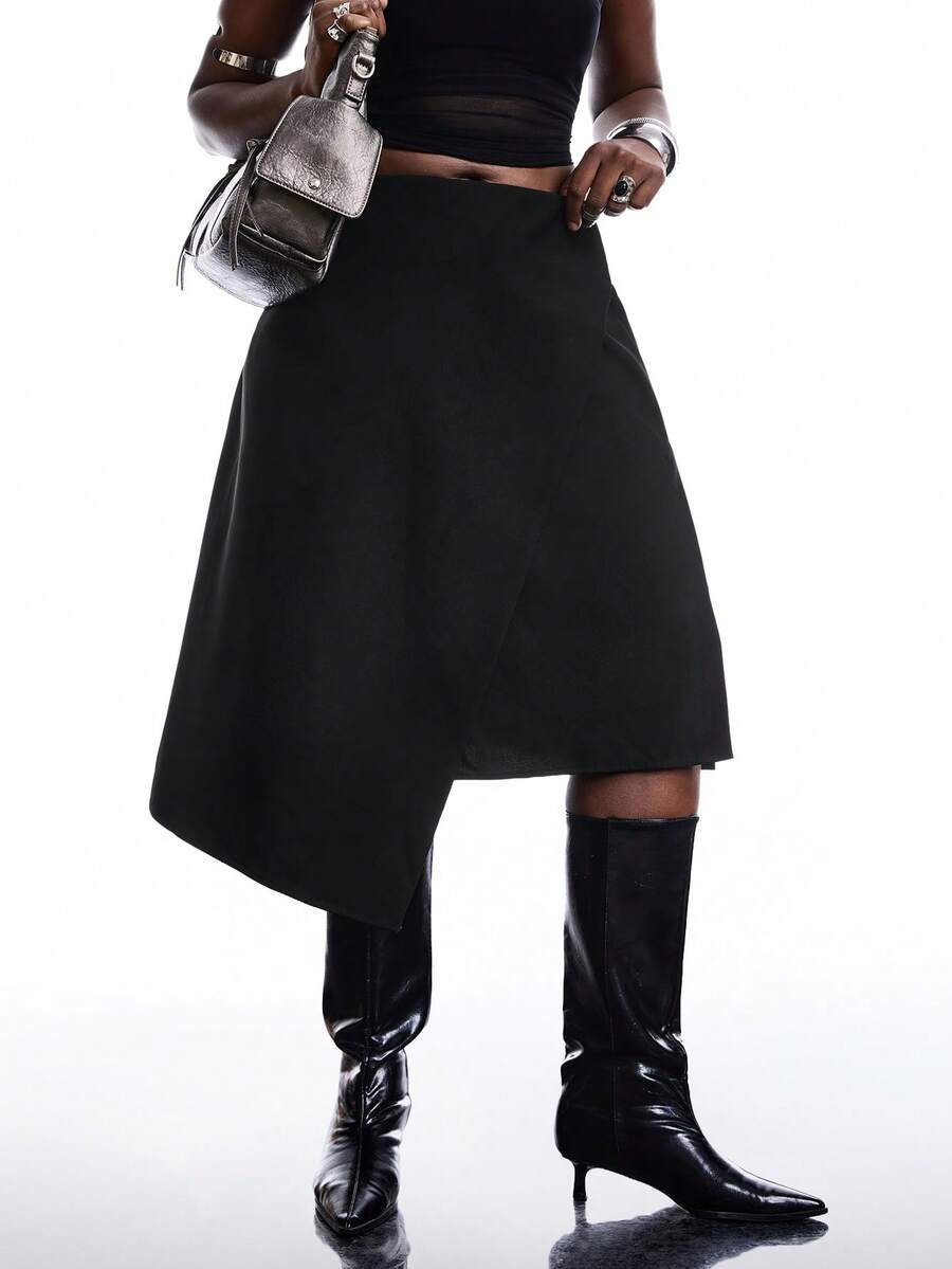 SHEIN EZwear 大码黑色不对称下摆半身裙 - 黑色 - 查看 1