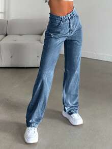 SHEIN Tall Women's High Waist Pockets Straight Loose Casual Versatile Jeans - Medium Wash - View 5