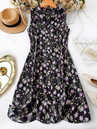 Linhara Vestido de verano de estilo camisa con estampado floral a rayas, de talla grande y diseño sencillo, sin mangas.