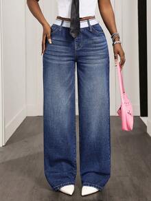 Slaydiva Women's High Waist Pockets Wide Leg Loose Casual Jeans - Blue - View 1