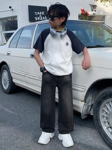 Little Byeori 青少年男孩时尚休闲 Y2K 复古酷炫街头基础款简约舒适黑色牛仔宽松直筒牛仔裤，适合日常穿着、春夏锐舞节和街头服饰。 - 黑色 - 查看 6