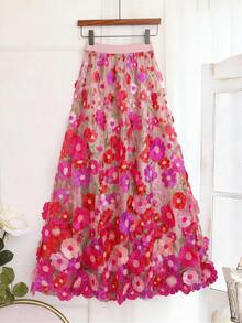 GlowEve Chân váy lưới thêu hoa thanh lịch dành cho nữ, thích hợp đi làm - Họa tiết hoa ngẫu nhiên - Hồng - Xem 3