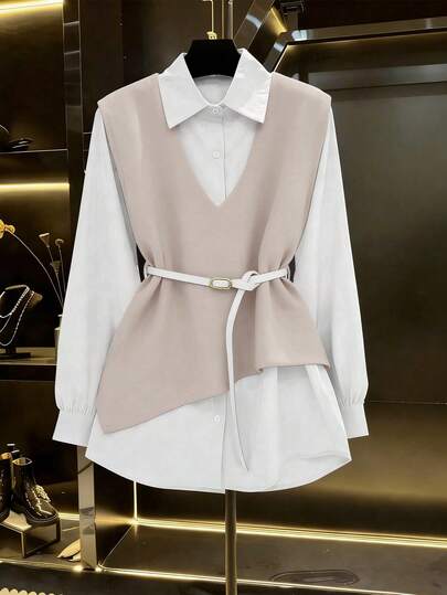 Franclia 2025 Autumn Fresh Debut: Ladies' 2 In 1 Jacket-Shirt Ensemble, Boasting Artful Asymmetrical Tailoring, Exquisite Button Accents & An Adjustable Waist Sash, Streamlined Silhouette That Enhances A Slimmer Look, Versatile For Office Commutes, Leisurely Weekends & Casual Outings