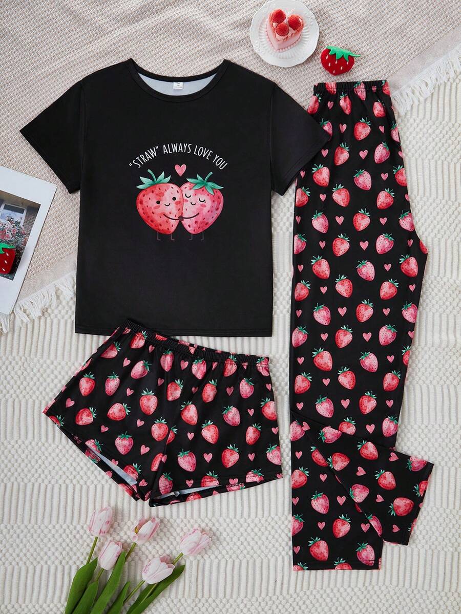 3pcs/Set Teen Girls Cute Avocado Print Pajama Set Includes Long Pants, Shorts, And Short Sleeve Top - Multicolor - View 1