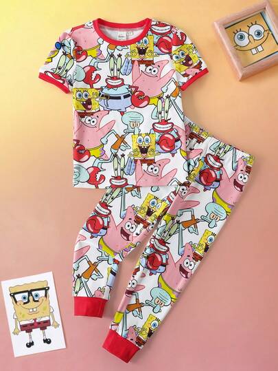 SpongeBob SquarePants | SHEIN Young Boy Comfortable Allover Print Cute Short Sleeve T-Shirt And Pants Snug Fit Pajama Set, Summer