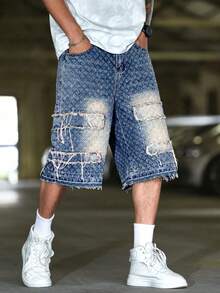 Manfinity LEGND Quần short denim ống rộng dáng rộng, rách rưới, có túi dành cho nam. - Rửa trung bình - Xem 4