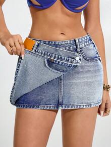 Jeanoix Women's Casual Fashion Street Style Overlap Waist Asymmetrical Hem Washed Denim Mini Skirt, Summer - Blue - View 6