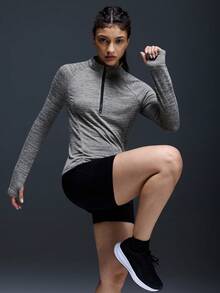 Powerista Women's Raglan Sleeve Zip-Up Half Placket Sporty Sweatshirt - Grey - View 7