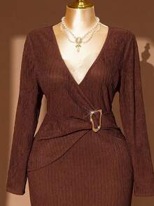 Rometta Plus Size Women Summer Elegant Brown Knitted Bodycon Dress,Autumn Long Sleeve V-Neck Metal Button Dinner Dress, Textured Twist Knot Split Design - Coffee Brown - View 5