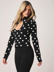 MISSGUIDED 波点长袖钥匙孔领修身毛衣上衣，秋冬休闲套头衫 - 黑與白 - 查看 4