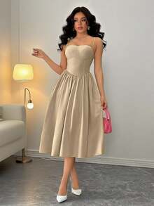 Rafferiza 时尚百搭约会派对吊带腰部喇叭裙 - 卡其色 - 查看 5