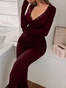 SHEIN 女士性感纯色蕾丝领长袖上衣和裤子，罗纹柔软舒适睡衣套装，酒红色睡衣套装，秋冬服装 - 酒紅色 - 查看 6