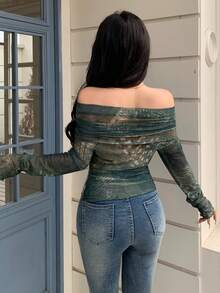 Modelyn Women's Green Knitted Mesh Digital Print Ruched Off Shoulder Long Sleeve Casual Top, Spring/Summer - Green - View 2