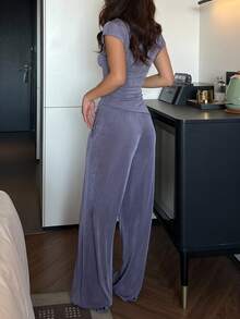 DAZY Shiny Knit Fabric Gathered Waist Top & Loose Drawstring Pants Women's Pajama Set - Purple - View 2