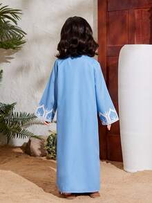 SHEIN 2-częściowy skromny zestaw szaty i sukienki z nadrukiem totemu w kwiaty na obchody Eid, pasujące do matki i córki - Niebieski - Zobacz 7