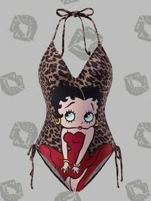 Betty Boop x SHEIN Leopard Print Cartoon Figure Graphic Halter One-Piece Swimsuit Cheetah Print Swimsuit Halter Neck Swimsuit Leopard Print Swimsuit - Multicolor - View 1