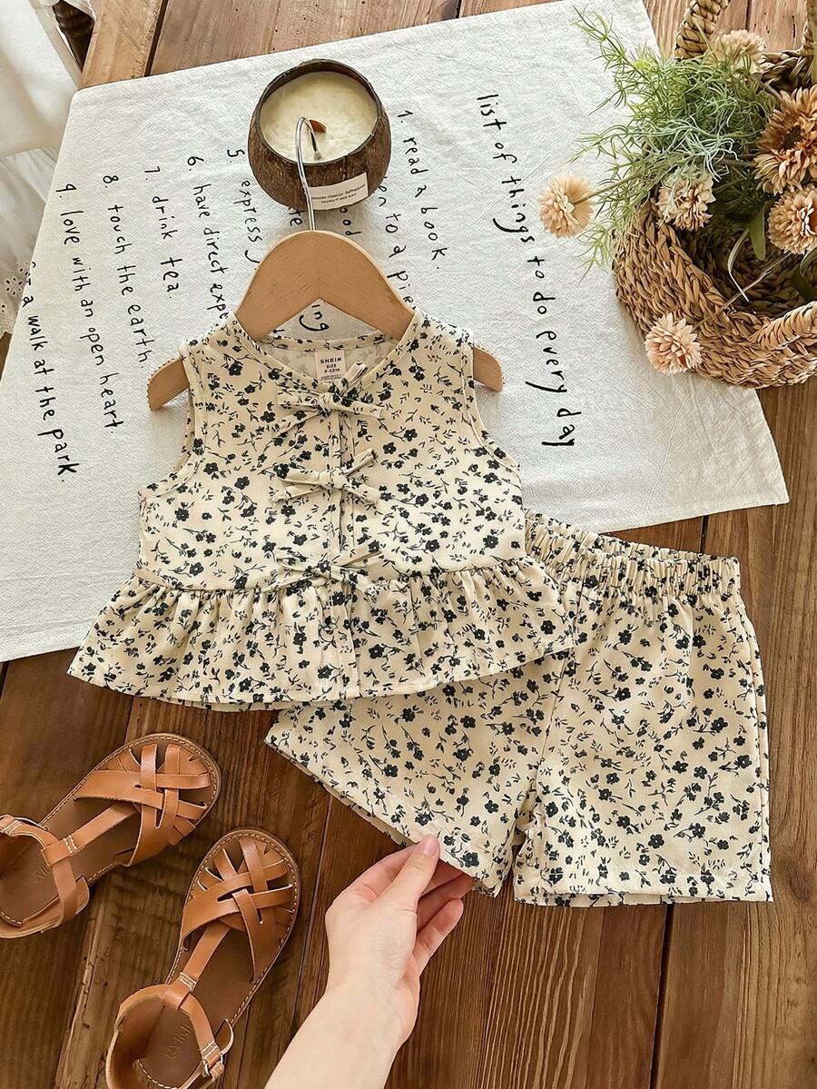 SHEIN LMoss Kids 女婴可爱碎花无袖上衣和松紧腰短裤套装，夏季 - 彩色 - 查看 1