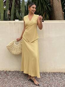 DAZY Women's Elegant Solid Color Asymmetric Vest & Skirt 2 Pieces Set, Spring/Summer - Yellow - View 5