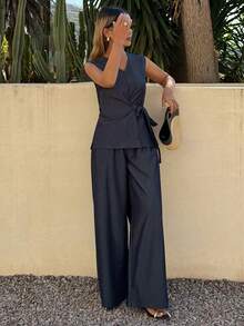 DAZY Women's V-Neck Sleeveless Waist Fitted Denim Top And Loose Straight Leg Denim Pants Casual Suit - Dark Wash - View 6