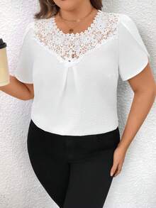 EMERY ROSE Plus Size Women's Elegant Lace Hollow Petal Sleeve Round Neck Blouse, Suitable For Work, Spring/Summer - Apricot - View 6
