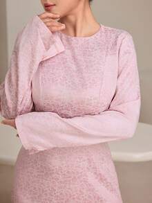 Graceveil 女士优雅提花长袖收腰开衩连衣裙，春秋季 - 粉色 - 查看 6