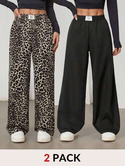 SHEIN PETITE 2pcs Women's New Black & Leopard Print Wide Leg Pants
