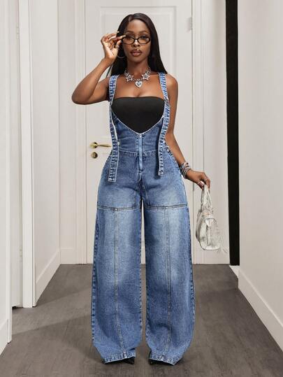 Slaydiva Women's Casual Fashion Street Loose Zip-Up Jumpsuit With Wide Leg, Suitable For Daily Commute, Summer