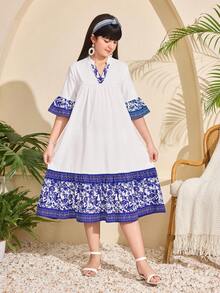Tween Girls Blue And White Bohemian Notched Neck Midi Dress With Flounce Sleeves, Flared Hem Ruffle Details, Perfect For Vacation - Blue and White - View 3