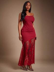 Radiana Plus Size Women's Red Asymmetric Patchwork Sheer Lace Hem Waist Cinched Dress, Suitable For Valentine's Day, Party Strapless Red Dress - Red - View 1