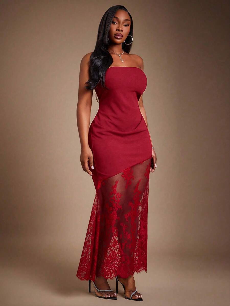 Radiana Plus Size Women's Red Asymmetric Patchwork Sheer Lace Hem Waist Cinched Dress, Suitable For Valentine's Day, Party Strapless Red Dress - Red - View 1