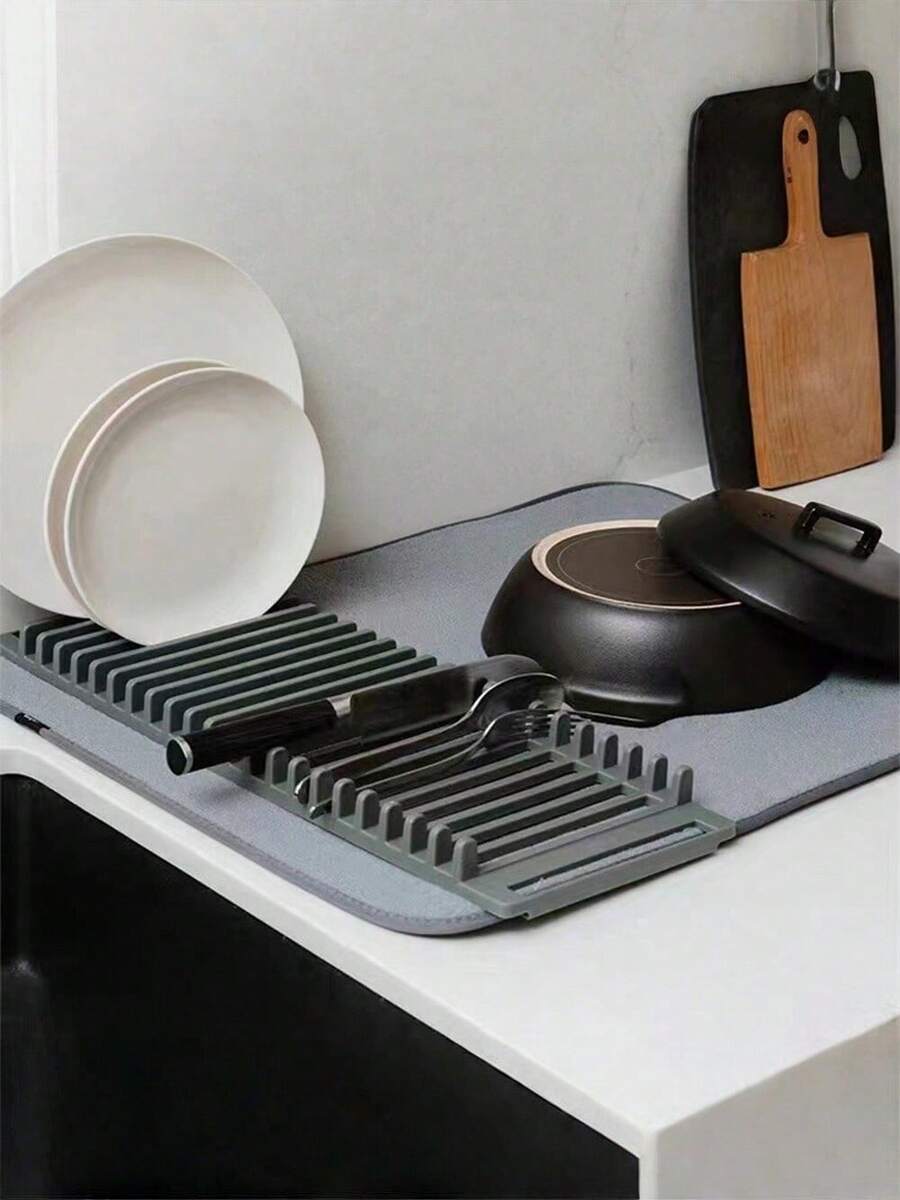 1 pieza Manteles escurreplatos, Rejillas para platos, Tapetes absorbentes plegables para tazas, Rejillas escurreplatos para tazones, palillos y platos, Estantes de almacenamiento multifuncionales - Gris - Ver 1