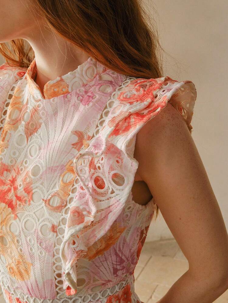 VESTIDO DE MUJER ELEGANTE CON ENCAJE CALADO, PARCHES Y BORDADO CON ESTAMPADO FLORAL