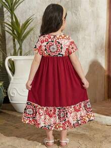 SHEIN Summer Floral Pattern & Solid Color Button Back Neck Dress - Multicolor - View 3